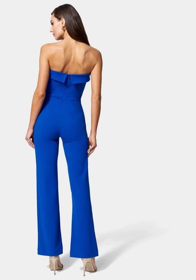 Shop Bebe Knit Crepe Strapless Button Detail Wide Leg Jumpsuit In Galactic Cobalt