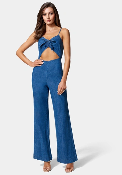 Bebe Front Ruched Cut Out Wide Leg Lightweight Denim Jumpsuit In Medium Blue Wash