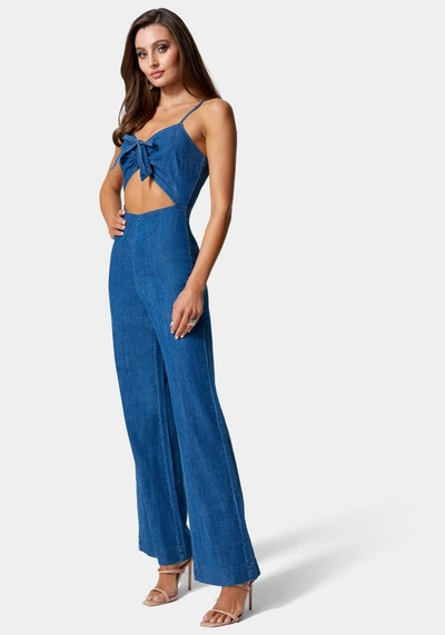 Bebe Front Ruched Cut Out Wide Leg Lightweight Denim Jumpsuit In Medium Blue Wash