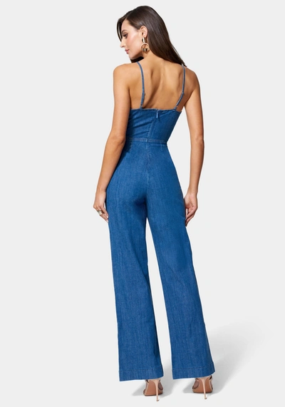 Bebe Front Ruched Cut Out Wide Leg Lightweight Denim Jumpsuit In Medium Blue Wash