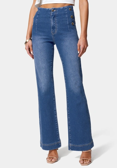 Shop Bebe High Waist Button Detail Wide Leg Jeans In True Blue Wash
