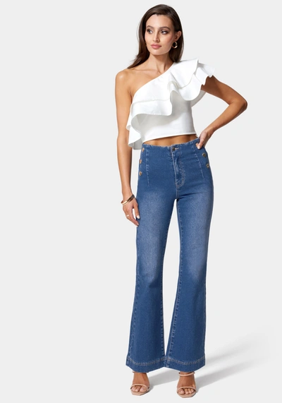 Shop Bebe High Waist Button Detail Wide Leg Jeans In True Blue Wash