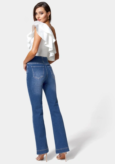 Shop Bebe High Waist Button Detail Wide Leg Jeans In True Blue Wash