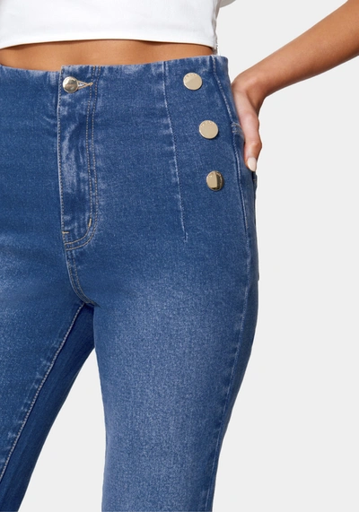 Shop Bebe High Waist Button Detail Wide Leg Jeans In True Blue Wash