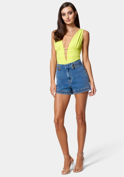 Bebe High Waist Trapunto Stitch Tab Denim Short In River Blue Wash