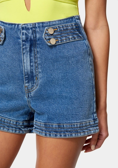 Bebe High Waist Trapunto Stitch Tab Denim Short In River Blue Wash