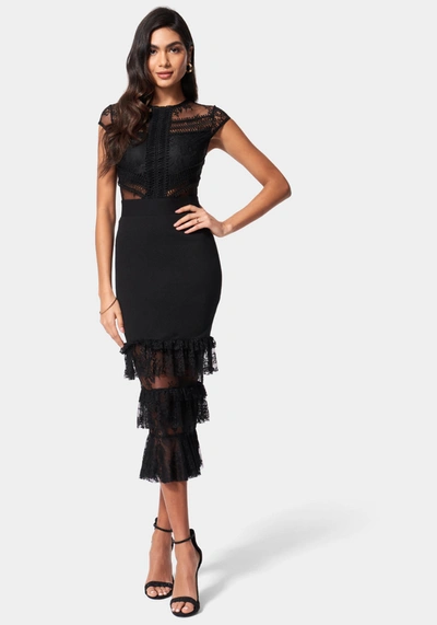 BEBE TIERED LACE MIDI DRESS 