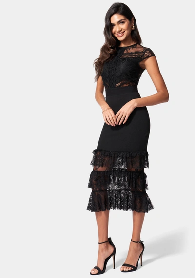 Bebe Tiered Lace Midi Dress In Jet Black