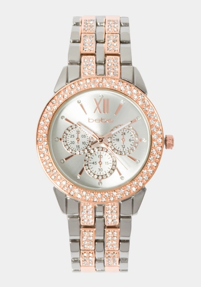 Shop Bebe Silver Dial Crystal Bezel Watch In Two-tone Rose Gold-silver