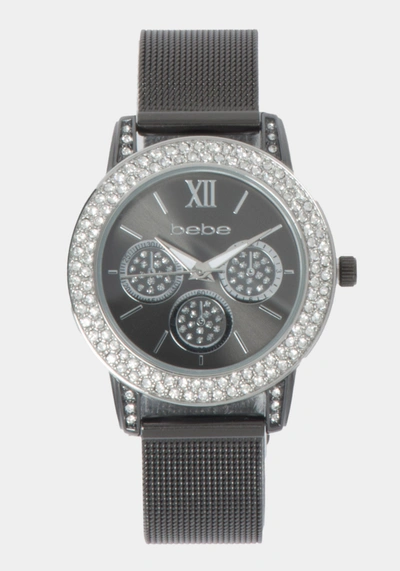 Bebe Glossy Gun Metal Dial Crystal Bezel Watch In Gun Metal