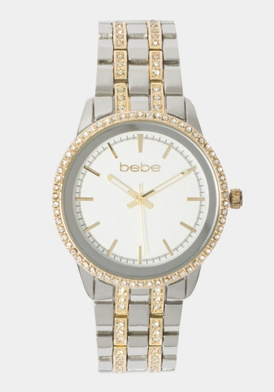 Bebe Silver Textured Dial Crystal Bezel Watch In Two-tone Gold-silver