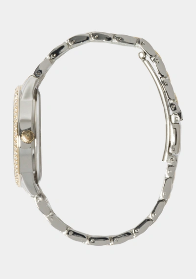 Shop Bebe Silver Textured Dial Crystal Bezel Watch In Two-tone Gold-silver