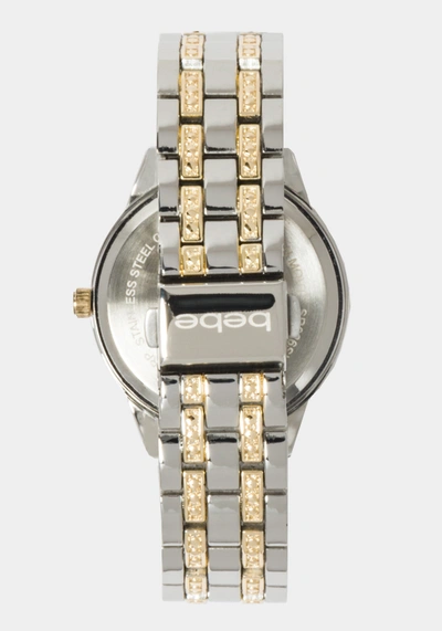 Bebe Silver Textured Dial Crystal Bezel Watch In Two-tone Gold-silver