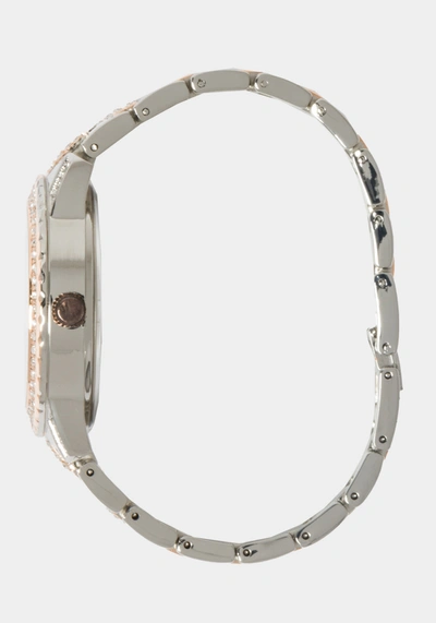 Bebe Silver Smooth Dial Crystal Bezel Watch In Two-tone Rose Gold-silver