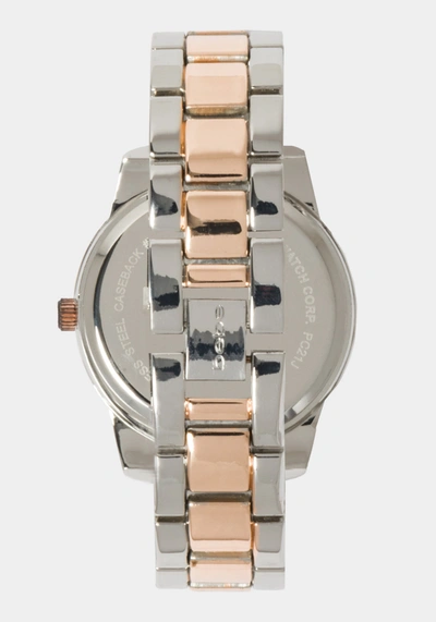 Bebe Silver Smooth Dial Crystal Bezel Watch In Two-tone Rose Gold-silver