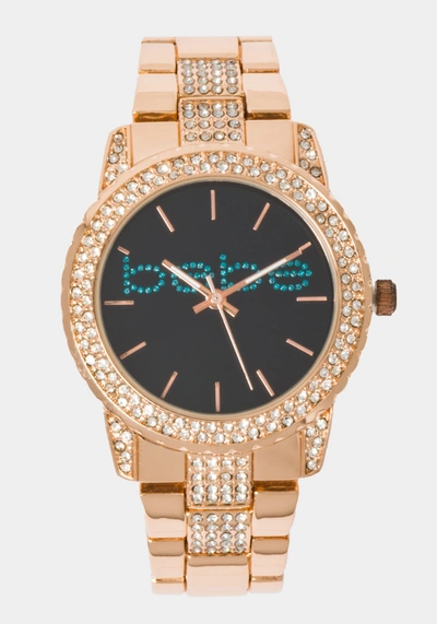 Shop Bebe Black Smooth Dial Crystal Bezel Watch In Rose Gold