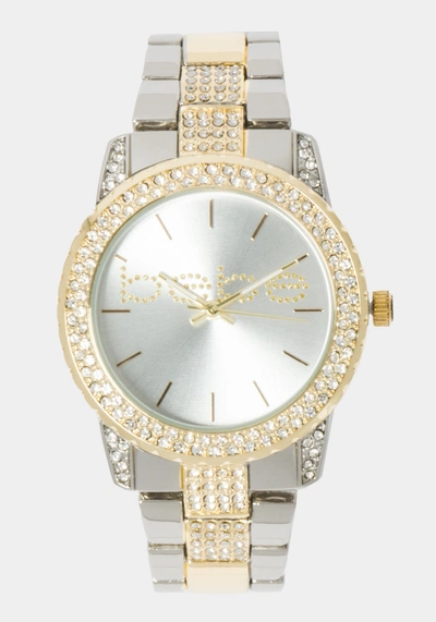 Shop Bebe Silver Smooth Dial Crystal Bezel Watch In Two-tone Gold-silver