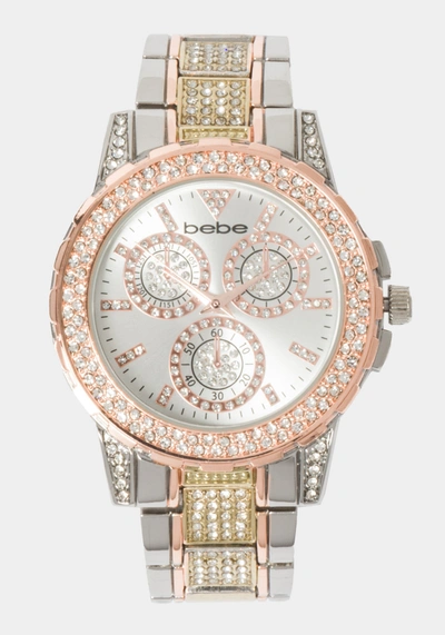 Shop Bebe Silver Dial Crystal Bezel Watch In Tri-tone Silver-gold-rose Gold