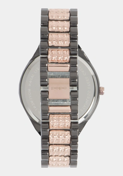 Bebe Gun Metal Dial Crystal Bezel Watch In Two-tone Gun Metal & Gold