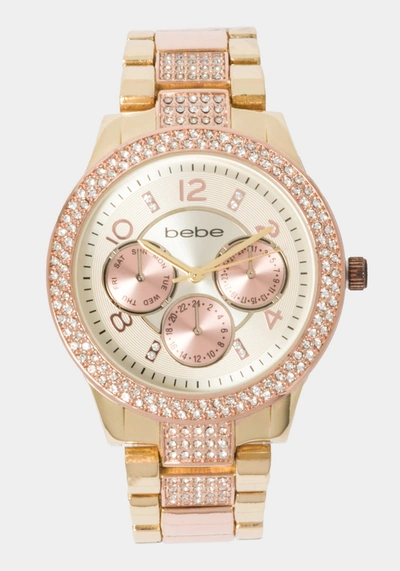 Shop Bebe Rose Dial Crystal Bezel Watch In Two-tone Rose Gold-gold