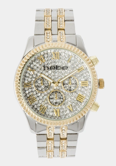 Bebe Full Pave Crystal Dial Coin Edge Bezel Watch In Two-tone Gold-silver