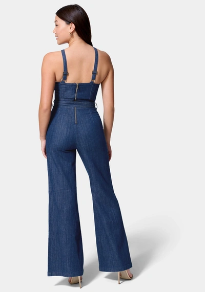 Bebe Asymmetric Neckline Wide Leg Lightweight Denim Jumpsuit In Dark Blue Wash