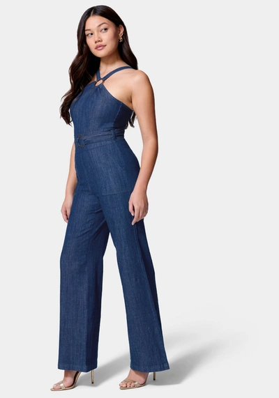 Bebe Asymmetric Neckline Wide Leg Lightweight Denim Jumpsuit In Dark Blue Wash