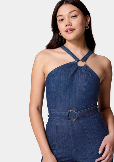 Bebe Asymmetric Neckline Wide Leg Lightweight Denim Jumpsuit In Dark Blue Wash