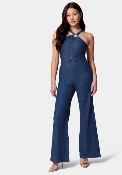 Bebe Asymmetric Neckline Wide Leg Lightweight Denim Jumpsuit In Dark Blue Wash