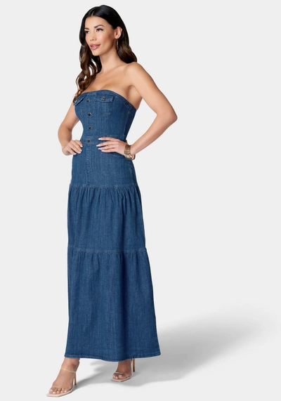 Shop Bebe Strapless Tiered Lightweight Denim Dress In Medium Blue Wash