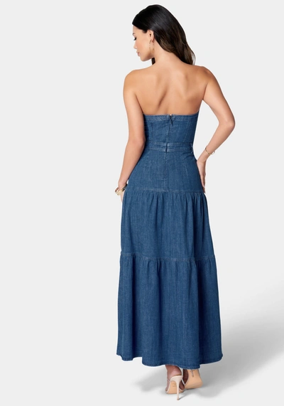 Shop Bebe Strapless Tiered Lightweight Denim Dress In Medium Blue Wash