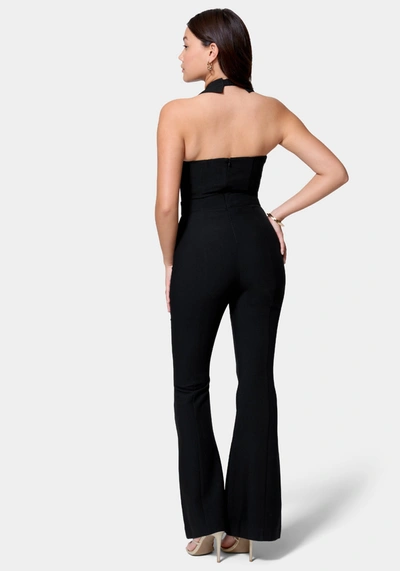 Shop Bebe Satin Twill Sleeveless Eyelet Detail Wide Leg Jumpsuit In Black