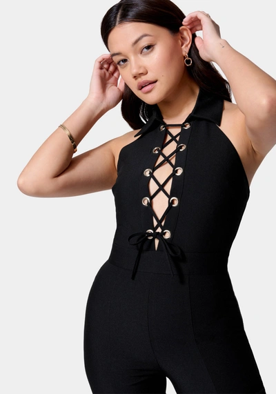 Bebe Satin Twill Sleeveless Eyelet Detail Wide Leg Jumpsuit In Black