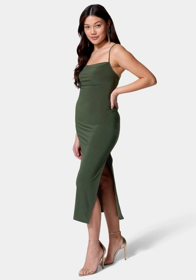 Bebe Cowl Neck Spaghetti Strap Slit Maxi In Olive