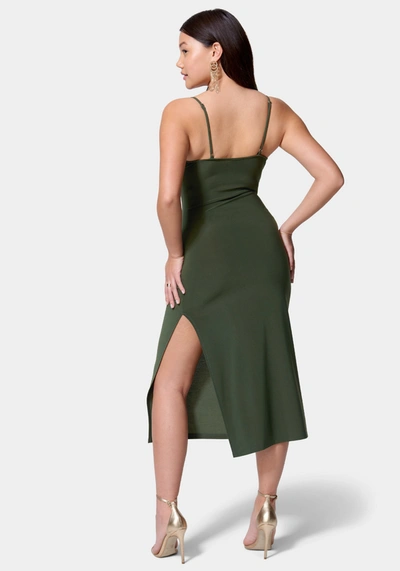 Bebe Cowl Neck Spaghetti Strap Slit Maxi In Olive