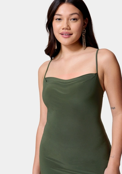 Bebe Cowl Neck Spaghetti Strap Slit Maxi In Olive
