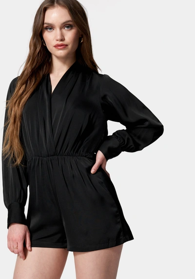 Bebe Surplice Drapey Romper In Black