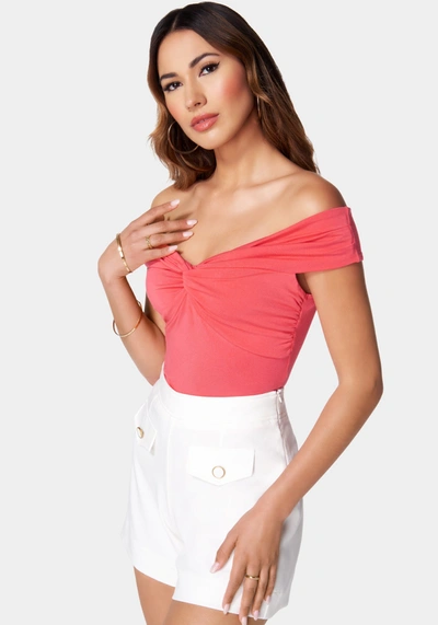 Bebe Off Shoulder Front Twist Draped Top In Geranium