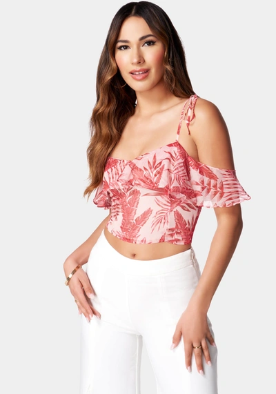 Bebe Cold Shoulder Spaghetti Strap Ties Ruffle Top In Rose Palm Print