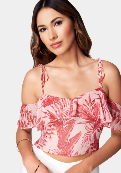 Bebe Cold Shoulder Spaghetti Strap Ties Ruffle Top In Rose Palm Print