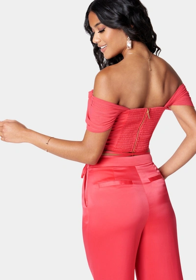 Bebe Off Shoulder Draped Corset Top In Geranium