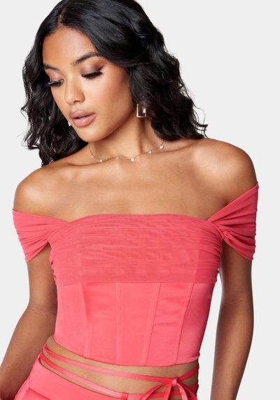 Bebe Off Shoulder Draped Corset Top In Geranium