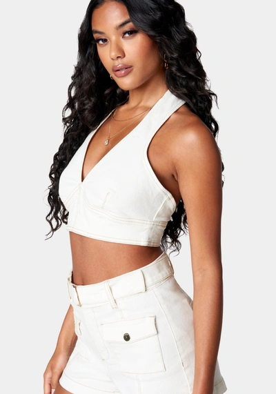 Bebe Deep V Neck Cropped Halter Denim Top In Soft White Wash
