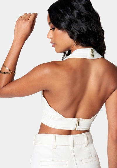 Bebe Deep V Neck Cropped Halter Denim Top In Soft White Wash