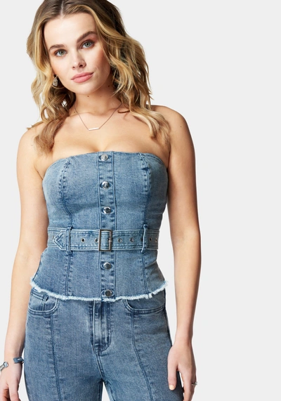 Bebe Belted Button Front Denim Bustier In Ocean Blue Wash