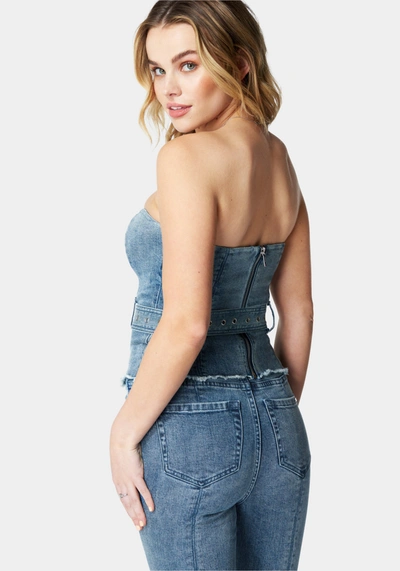 Bebe Belted Button Front Denim Bustier In Ocean Blue Wash