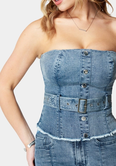 Bebe Belted Button Front Denim Bustier In Ocean Blue Wash