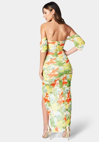 Bebe Printed Off Shoulder Mesh Dress In Yellow Multi