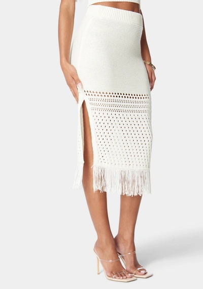 Bebe Fringe Detail Slit Front Sweater Skirt In Whiite Alyssum