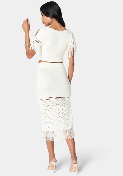 Bebe Fringe Detail Slit Front Sweater Skirt In Whiite Alyssum